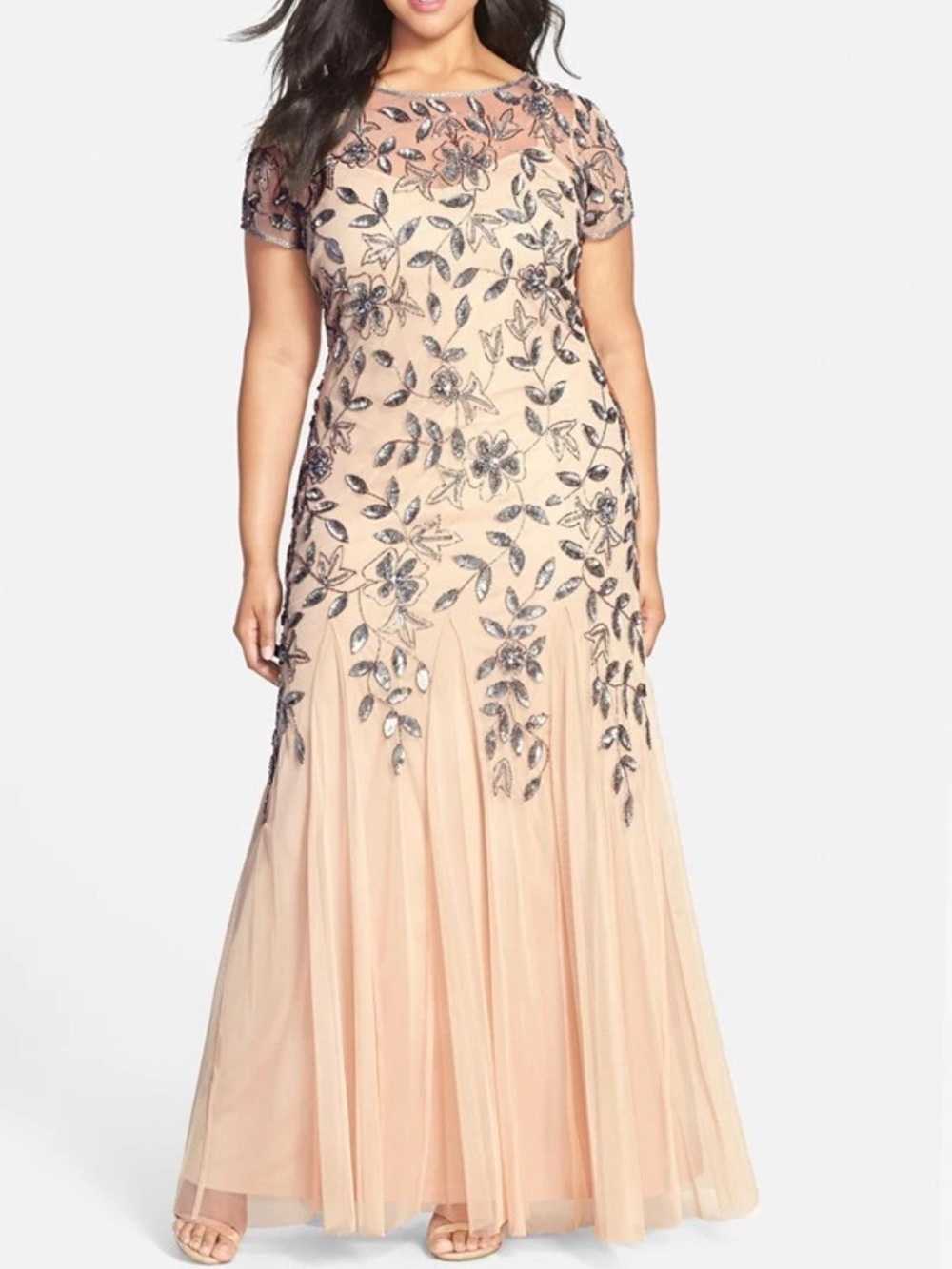 Adrianna Papell Beaded Short Sleeve Floral Godet Gown Formal Dress Plus 22 22W